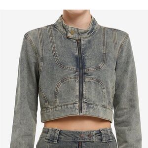 American Bazi Cropped Washed Gray Denim Zip Jacket